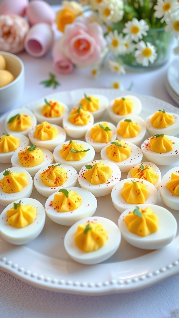 A platter of deviled eggs garnished with paprika and herbs, set on a spring-themed table.